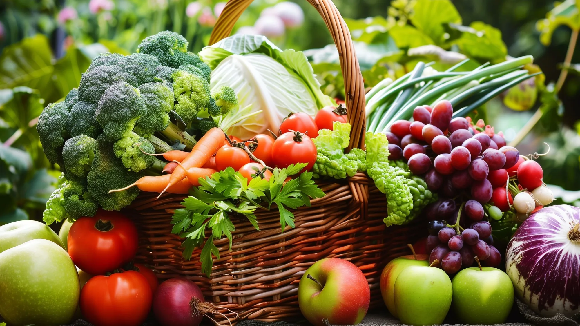 A basket of fresh vegetables and fruit