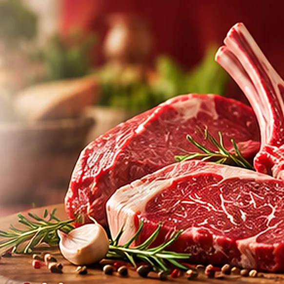 Marbled beef steaks and lamb chops on a wooden board